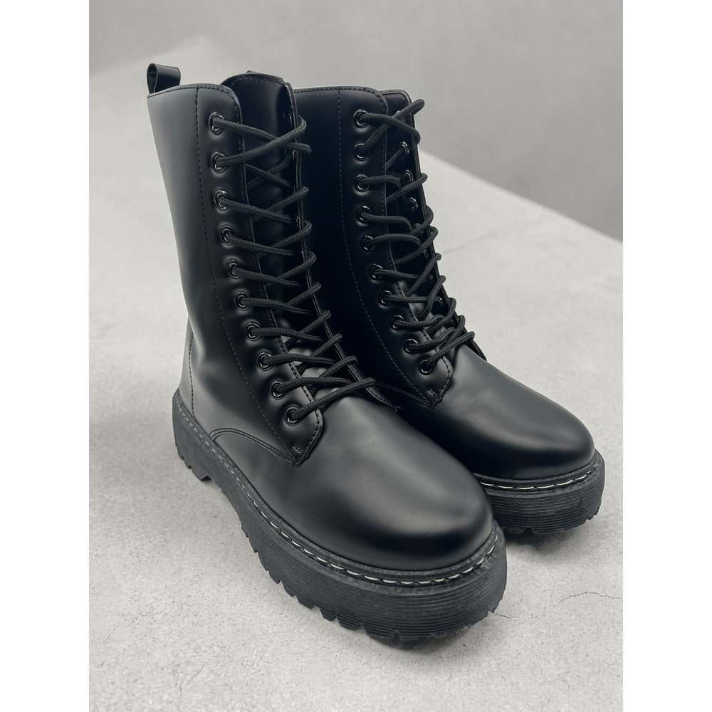 Goth Grunge UniLady Lug Sole Combat Boots, Size 9, Black Vegan Leather